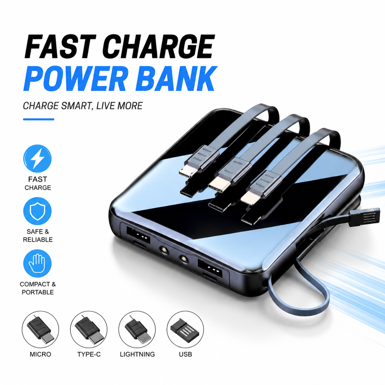 Smart 10000mAh Fast Charging Power Bank – Portable TWS &amp; Phone Charger with Built-in Micro, Type-C, Lightning &amp; USB Cables