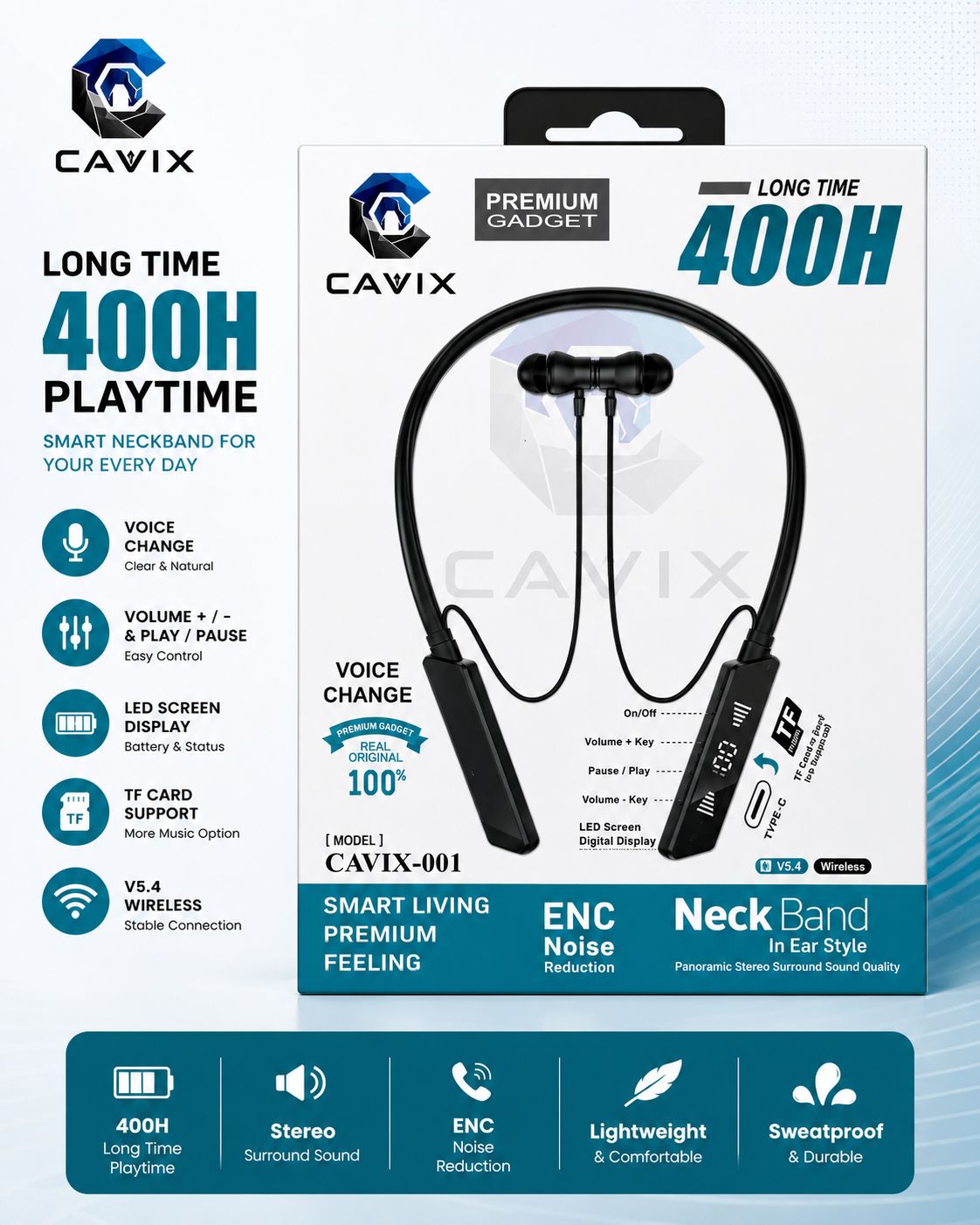 Cavix-001 Wireless Neckband Earphone – Bluetooth V5.4 In-Ear Headset with 400H Long Battery Life, ENC Noise Reduction, LED Digital Display &amp; Voice Change Feature
