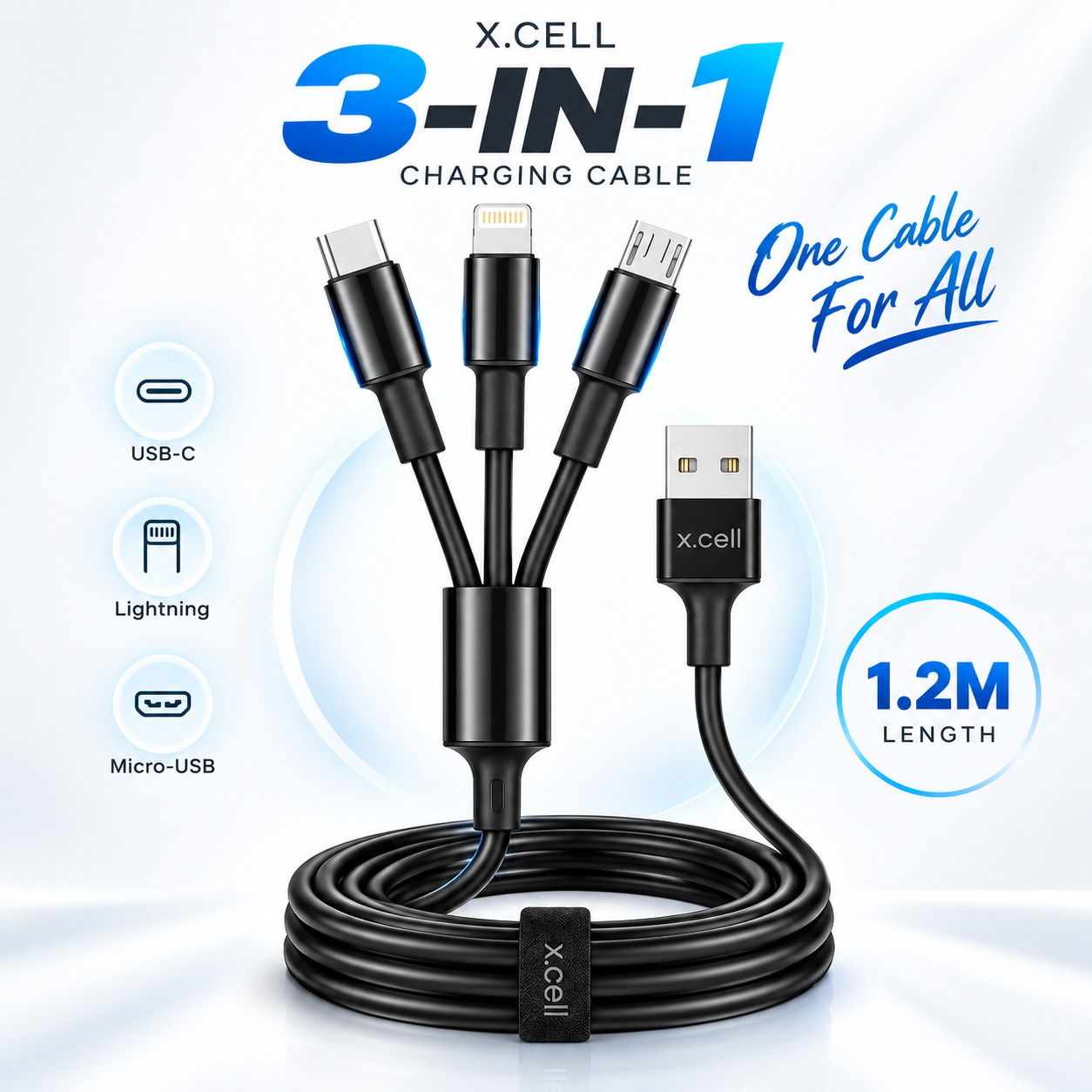 X.Cell High-Performance 3-in-1 Multi Charging Cable – 1.2M Charging Cord with USB-C, Lightning &amp;amp; Micro-USB Connectors for Universal Smartphones