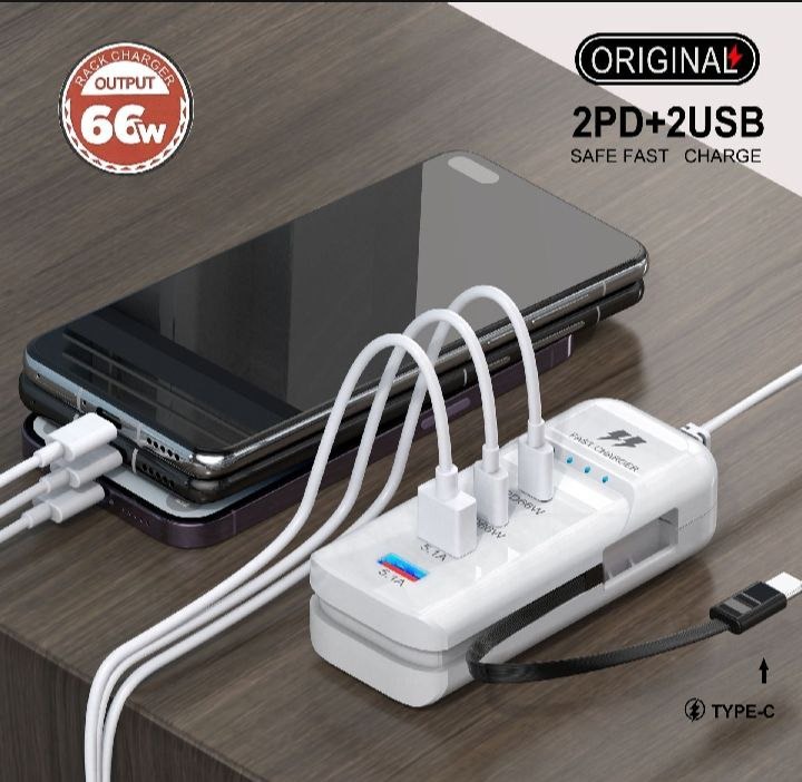 5-in-1 Multi-Functional Rack Charger 66W – Desktop Fast Charging Station with 2PD, 2USB Ports &amp; Built-in Type-C Cable