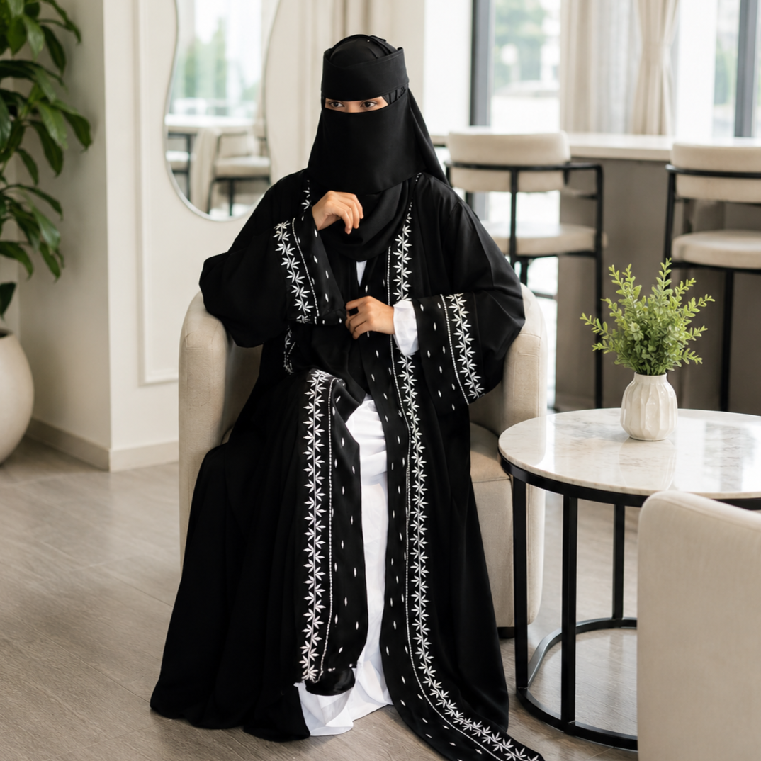 Exclusive Rose Arabian Borka 3-Piece Set - Original Dubai Fabric &amp; Embroidery (Koti, Inner &amp; Hijab)