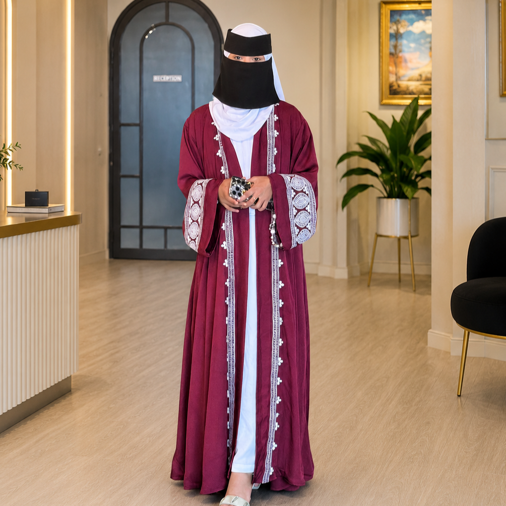 Exclusive Rose Arabian Borka 3-Piece Set - Original Dubai Fabric &amp; Embroidery (Koti, Inner &amp; Hijab)