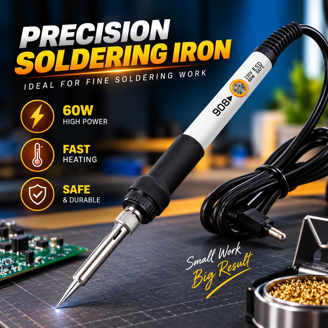New V908 60W Adjustable Temperature Electric Soldering Iron Kit – 200-450°C Rework Repair Tool with 5 Pcs Solder Tips &amp; Energy-Saving Heating Element for Electronics
