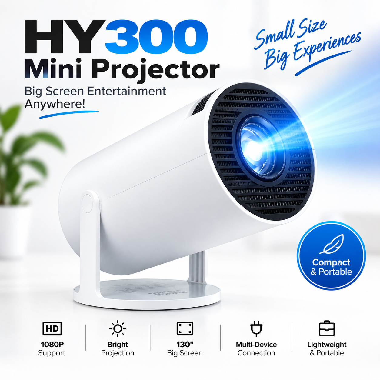 HY300 Non-Android Mini Projector – Portable Home Theater Cinema Projector with 30,000H LED Life, Big Screen Display for Movies, Gaming, Sports &amp; Office Presentations