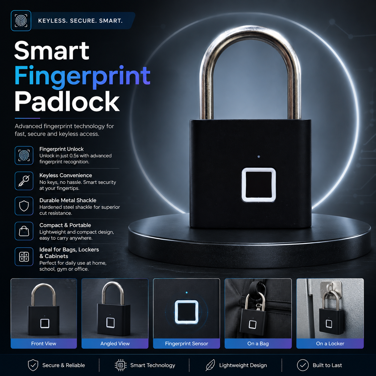 Smart Fingerprint Padlock – Keyless Biometric Thumbprint Lock with 10 User Capacity, USB Rechargeable Battery &amp; Portable Security for Doors, Bicycles &amp; Toolboxes
