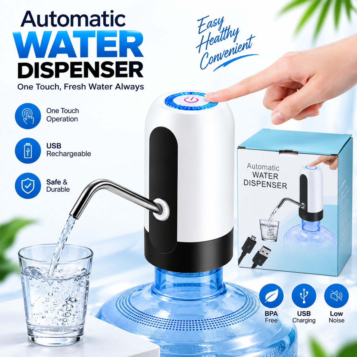 Rechargeable Electric Water Dispenser Pump – Universal Wireless Smart Drinking Water Bottle Pump with USB Charging, 360-Degree Rotation &amp; One-Touch Operation