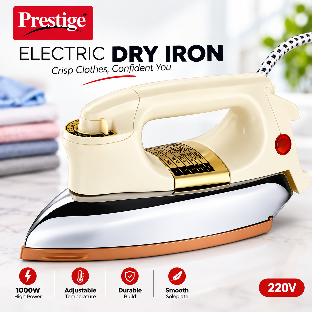 Prestige Heavy Body Dry Iron 1000W – Fast Heating Non-Stick Soleplate Press for Smooth, Wrinkle-Free &amp; Effortless Daily Clothing Ironing