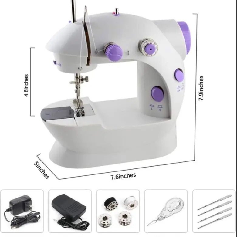 Mini Sewing Machine SM-202A – Portable Dual Speed Electric Sewing Machine with LED Light, Foot Pedal, AC Adapter &amp; Double Thread System for Home Use