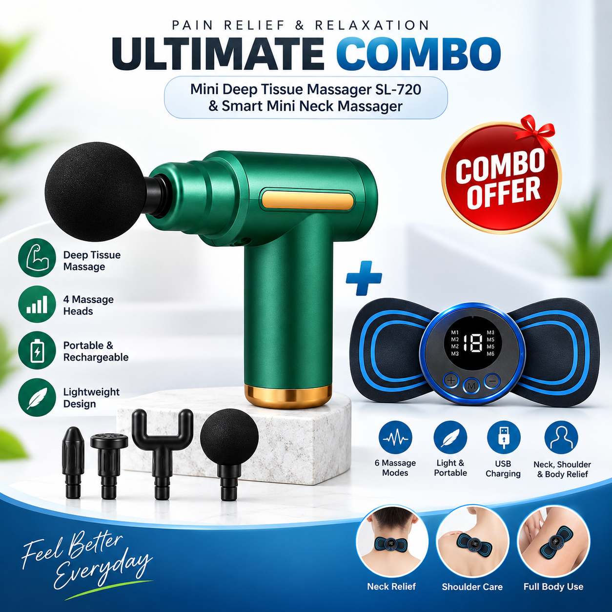 Mini Deep Tissue Therapy Massager SL-720 &amp; Smart Mini Neck Massager Combo – Portable Rechargeable Electronic Body &amp; Muscle Pain Relief Massager Set