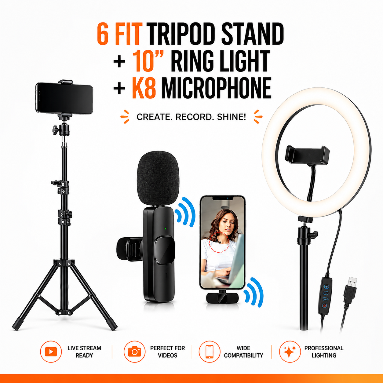 6 Ft Tripod Stand, 10" LED Ring Light &amp; K8 Wireless Microphone Combo – Professional Content Creation &amp; Vlogging Kit with 65ft Range, Adjustable Stand &amp; Phone Cradle